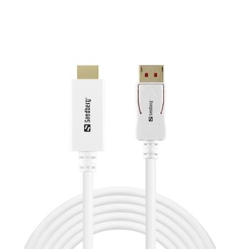 Кабел Sandberg SNB-509-16, от DisplayPort(м) към HDMI(м), 4K@60Hz, 2m, бял | JAR Computers SANDBERG SNB-509-16