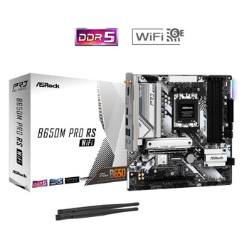 Дънна платка ASRock B650M Pro RS WiFi, B650, AM5, DDR5, PCI-E 4.0 (DP&HDMI)(CF), 3x M.2, 4x SATA 6Gb/s, 1x USB 3.2 Gen 2 Type-C, Wi-Fi 6E, Bluetooth, 2.5G LAN, Micro ATX | JAR Computers ASRock B650M PRO RS WIFI 90-MXBLZ0-A0UAYZ