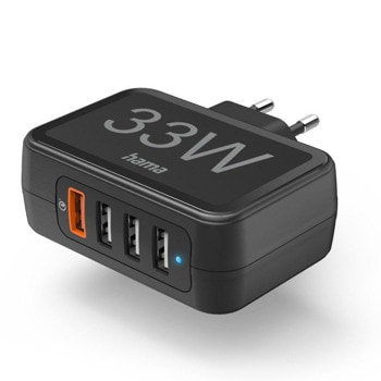 Зарядно устройство Hama 201629, от контакт към 4x USB-A(ж), 1x Quick Charge 3.0, 33W, черно | JAR Computers Hama 201629