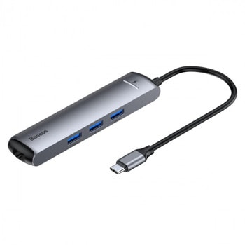 USB Хъб Baseus Mechanical Eye (CAHUB-J0G), 6 порта, 1x USB-C 3.1 (Thunderbolt 3) към 1x USB C, 3x USB A, 1x HDMI 4K@30Hz, 1x RJ-45, сив image