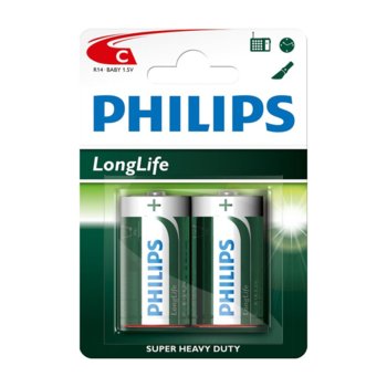Батерии цинкови Philips Long Life LR14(C), 1.5V, 2 бр. | JAR Computers Батерии алкални Philips Long Life LR14(C), 1.5V
