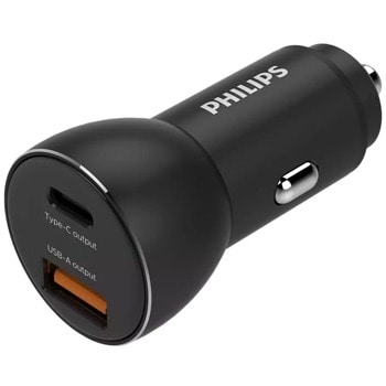 Зарядно устройство за кола DLP2521/00, от автомобилна запалка към 1x USB A(ж), 1x USB C(ж), 12-24V, черно | JAR Computers Philips DLP2521/00