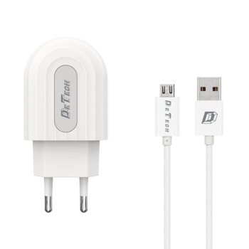 Зарядно устройство DeTech DE-28М, от контакт към USB A(ж), 5V/2.4A, бял, с MicroUSB кабел | JAR Computers Зарядно устройство DeTech DE-28М