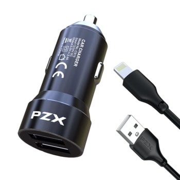 Зарядно устройство за кола PZX C915, от автомобилна запалка към 2x USB Type-A(ж), 5V, 2.4A, черно, с включен Lightning кабел | JAR Computers PZX C915 Lightning 252343