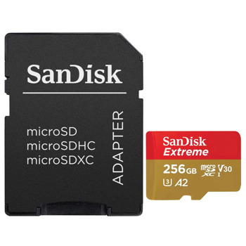 Карта памет 256GB microSDXC с адаптер, Sandisk Extreme, Class 10 UHS-1 U3, скорост на четене 190MB/s, скорост на запис 130MB/s | JAR Computers SanDisk Extreme microSDXC 256GB SDSQXAV-256G-GN6MA
