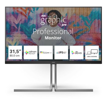 Монитор AOC U32U3CV, 31.5" (80.01cm) IPS панел, 4К/UHD, 4ms, 50 000 000:1, 350cd/m2, DisplayPort, HDMI, USB, USB-C, LAN | JAR Computers AOC U32U3CV