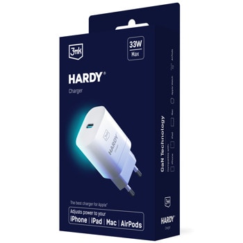 Зарядно устройство 3MK Hardy Charger (GaN-1C-33-W), от контакт към USB-C(ж), 5V, 3A, 33W, бяло | JAR Computers 3MK Hardy 33W GaN-1C-33-W