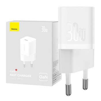Зарядно устройство Baseus GaN5 (CCGN070502), от контакт към USB-C(ж), 30W, бяло | JAR Computers Baseus GaN5 30W White CCGN070502