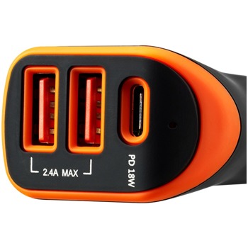Зарядно устройство Canyon CNE-CCA08BO, от автомобилна запалка към 2x USB-A (ж), 1x USB Type C (ж), 5V/2.4A, черно/оранжево | JAR Computers Canyon С-08 CNE-CCA08BO