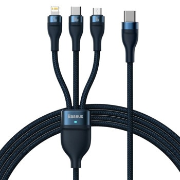Кабел Baseus Flash Series 3-in-1, от USB C(м) към USB C(м) / microUSB(м) / Lightning(м), 1.5m, син | JAR Computers Baseus CASS030203
