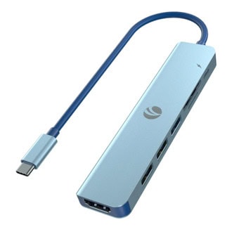 Докинг станция VCom CUE18, от USB-C към 1x USB-C(PD), 3x USB-A, 1x HDMI, 1x SD/MicroSD четец, синя | JAR Computers Докинг станция VCom CUE18