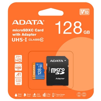 Карта памет 128GB microSDHC с адаптер, A-Data Premier V10 AUSDX128GUICL10A1-RA1, Class 10 UHS-I, скорост на четене до 100MB/s, скорост на запис до 25MB/s | JAR Computers A-data 128GB Premier microSDXC