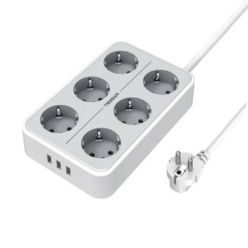 Разклонител Tessan TS-303-GR, 6 гнезда, 3x USB, бутон за вкл./изкл., 2m кабел, бял | JAR Computers Tessan TS-303-GR