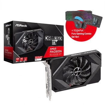 Видео карта AMD Radeon RX 6500 XT с подарък комплект клавиатура, мишка, пад и слушалки Fury Gaming Combo Set 4in1 Thunderstreak NFU-1674, 4GB, ASRock ITX, PCI-E 4.0, GDDR6, 64-bit, DisplayPort, HDMI | JAR Computers ASRock Radeon RX 6500 XT Challenger ITX 4GB+Gaming