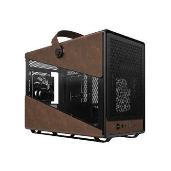 Кутия Montech Heritage PRO, mATX/Mini-ITX, 1x USB 3.2 Gen 2 Type-C, 3x 120mm вентилатора, с прозорец, с дръжка, черно/кафява, без захранване | JAR Computers Кутия Montech Heritage PRO черно/кафява