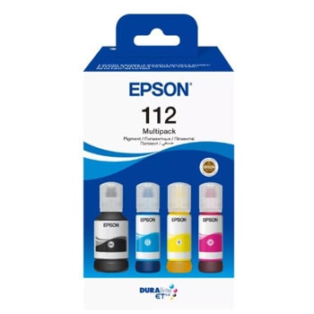 Мастило Epson 112 EcoTank, за Epson EcoTank L1210, L1250, L3210, L3211, L3250, L3251, L3256, L3260, L3266, L3550, L3560, L5290, L5296, L5590, Multipack (Black, Cyan, Magenta, Yellow), до 4500 черни копия, до 7500 цветни копия, 127 ml, 3x 70 ml. | JAR Computers Epson C13T06C64A