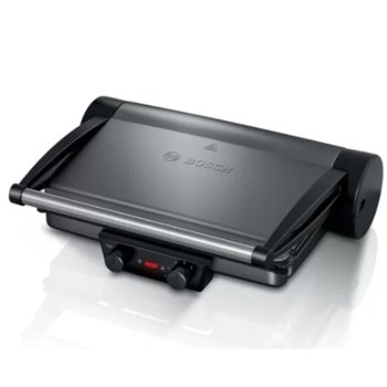 Грил преса Bosch TCG4215, незалепващи плочи за скара с отвор за мазнини и две тави за изтичане на мазнини, 2 регулатора за температурата, тава за огретени, 2000 W, сива | JAR Computers Bosch TCG4215