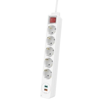 Разклонител Hama Power Strip (133758), 5 гнезда + 1x USB-C & 1x USB-A, 1.4м, Бутон вкл/изкл, PD/Quick Charge, Бял image