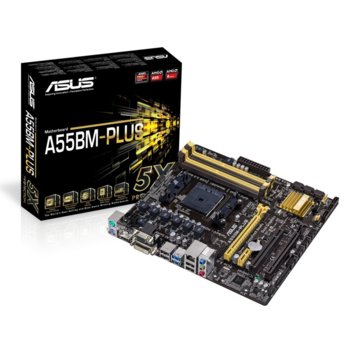 Дънна платка ASUS A55BM-PLUS, AMD A55, FM2+, DDR3, PCI-E 3.0 (CF)(HDMI & DVI), SB7.1, Lan1000, 6xSATA RAID 0,1,10, 2xUSB3.0, mATX | JAR Computers ASUS A55BM-PLUS
