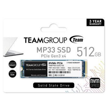 Памет SSD 512GB, Team Group MP33, NVMe, M.2 (2280), скорост на четене до 1700 MB/s, скорост на запис до 1400 MB/s | JAR Computers Team Group MP33, M.2 2280 512GB PCI-e 3.0 x4 NVMe
