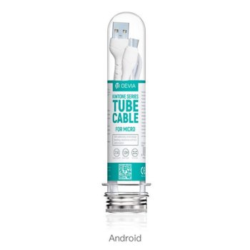 Кабел Devia Kintone Tube, от USB Type-A(м) към USB Micro B(м), 1m, бял, 2.1A, в епруветка | JAR Computers Кабел Devia Kintone Tube microUSB 2.1A 1m Бял