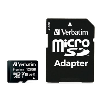 Карта памет 128GB microSDXC с адаптер, Verbatim, Class 10 UHS-I, скорост на четене 90MB/s, скорост на запис 10MB/s | JAR Computers Verbatim 128GB microSDXC