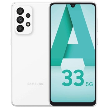 Смартфон Samsung Galaxy A33 5G (бял), поддържа 2 sim карти, 6.4" (16.26 cm) Super AMOLED 90Hz дисплей, осемядрен Exynos 1280 2.4GHz, 6GB RAM, 128GB Flash памет (+microSD слот), 48.0 + 8.0 + 5.0 + 2.0 & 13.0 MPix камери, Android, 186g image
