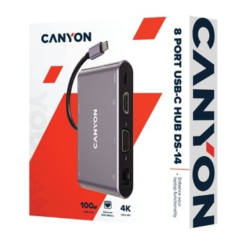 Докинг станция Canyon CNS-TDS14, интерфейс USB-C към 1x HDMI, 1x VGA (D-SUB), 1x USB-C PD, 3x USB 3.0, RJ45 (1Gbps), 3.5mm audio jack, тъмно сив | JAR Computers Докинг станция Canyon CNS-TDS14 8in1