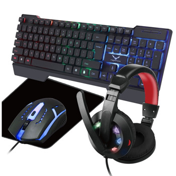 Комплект клавиатура, мишка, слушалки и пад Wesdar KM6, оптична (1000 dpi), гейминг, LED подсветка, USB, черни image