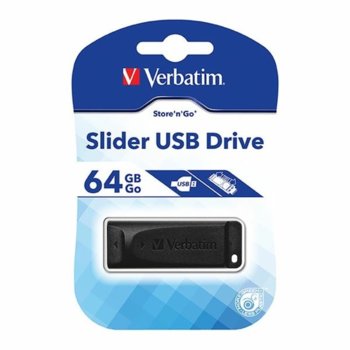 Памет 64GB USB Flash Drive, Verbatim Store'n'Go Slider (98698), USB 2.0, черна | JAR Computers Verbatim 98698