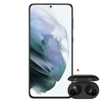 Смартфон Samsung Galaxy S21 5G (сив) с подарък слушалки Samsung Galaxy Bud+, поддържа 2 sim карти, 6.2" (15.74 cm) Dynamic AMOLED 2X, 120Hz дисплей, осемядрен Exynos 2100 2.9, 8GB RAM, 128GB Flash памет, 64.0 + 12.0 + 12.0 & 10.0 Mpix камера | JAR Computers Samsung Galaxy S21 128GB 5G Grey + Buds+ Black