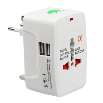 Универсален преходник 17708, 1 гнездо, от контакт (EU/US/UK/AU) към 2x USB Type A, бял | JAR Computers 17708 1.0A EU/US/UK/AU към EU/US/UK/AU 220V