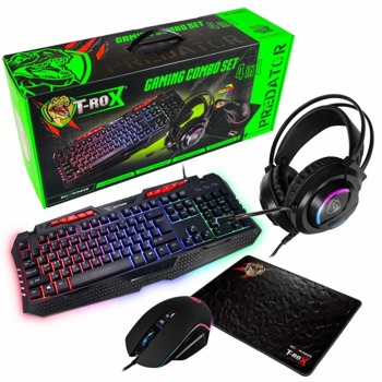 Комплект клавиатура, мишка, пад и слушалки ROXPOWER T-ROX 4 IN 1 PREDATOR, жични, мишка (6400 DPI), RGB подсветки, черни, USB | JAR Computers Комплект ROXPOWER T-ROX 4in1 PREDATOR