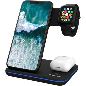 Безжично зарядно Canyon WS-303 3in1, от USB-C(ж) към безжично зареждане на iPhone, Apple Watch и Apple AirPods, черна | JAR Computers Canyon CNS-WCS303B