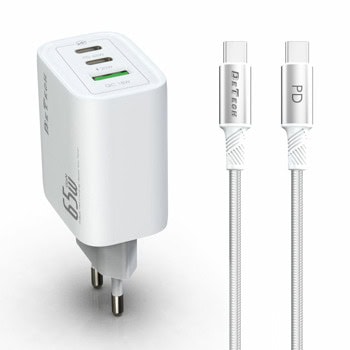 Зарядно устройство DeTech DE-PD, от контакт към 2x USB C(ж), 1x USB A(ж), 20V/2.25A, бяло, кабел от USB-C(м) към USB-C(м) | JAR Computers Зарядно устройство DeTech DE-PD