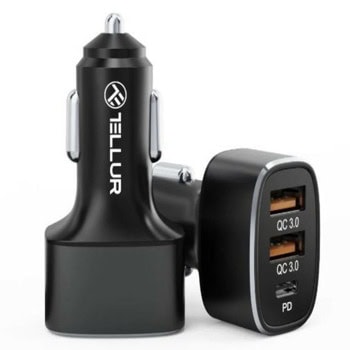 Зарядно устройство Tellur TLL151341, от автомобилна запалка към 2x USB A(ж)/1x USB C(ж), 5-12V, 1.5-3A, черно | JAR Computers Tellur TLL151281