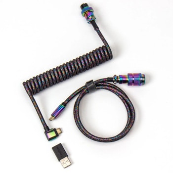 Кабел за клавиатура Keychron Colorful Premium Angled Coiled Aviator Rainbow Plated Black (Cab-7), от USB C(м) към USB C(м), 1.08м, черен | JAR Computers Keychron Cab-7