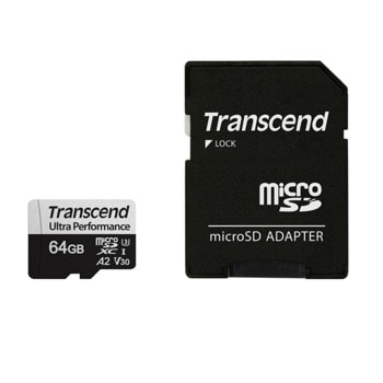 Карта памет 64GB microSDXC с адаптер, Transcend 340S Ultra Performance, UHS-I U3, скорост на четене до 160MB/sec, скорост на запис до 80MB/sec | JAR Computers Transcend 64GB TS64GUSD340S