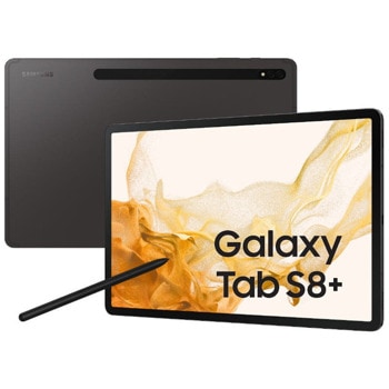 Таблет Samsung Galaxy Tab S8+ 5G (SM-X806BZAAEUE)(сив), 5G, осемядрен Snapdragon 8 Gen 1 SM8450 2.99 GHz, 12.4" (31.50 cm) 120Hz Super AMOLED дисплей, 8GB RAM, 128GB Flash памет (+ microSD слот), 13.0 + 6.0 & 12.0 Mpix, Android image