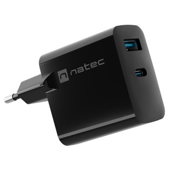 Зарядно устройство Natec Ribera GaN (NUC-2145), от контакт към 1x USB-A(ж), 1x USB-C(ж), 5V/3.25A, черно, PD 3.0, 65W | JAR Computers NATEC Ribera GaN NUC-2145