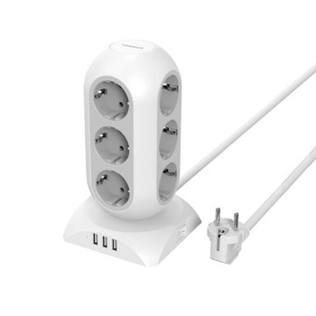 Разклонител Tessan TPS02, 12 гнезда, 3x USB-A, защита от пренапрежение, бутон за вкл./изкл., 2 m, бял | JAR Computers Разклонител Tessan TPS02