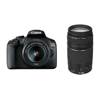 Canon EOS 2000D в комплект с 2x обектива (EF-s 18-55mm f/3.5-5.6 IS II и EF 75-300 mm f/4.0-5.6 III), 24.1 MPix, 3.0"(7.62cm) LCD дисплей, Wi-Fi/NFC, SD слот, HDMI Mini(Type-C) image