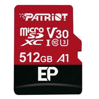 Карта памет 512GB microSDXC с адаптер, Patriot EP Series (PEF512GEP31MCX), Class 10 U3, скорост на четене 90MB/s, скорост на запис 80MB/s | JAR Computers Patriot 512GB microSDXC PEF512GEP31MCX