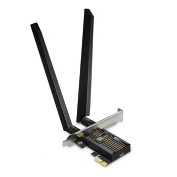 Мрежови адаптер TP-Link Archer TBE552E, Bluetooth, 9300Mbps, 2.4GHz(688Mbps)/5GHz(2880Mbps)/6GHz(5760Mbps), PCIe, 2x външни антени, черен | JAR Computers TP-Link Archer TBE552E BE9300