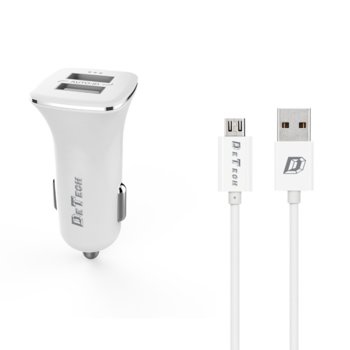 Зарядно устройство DeTech DE-C01M, от автомобилна запалка към 2x USB А(ж), 5V/2.4A, бял, с MicroUSB кабел | JAR Computers Зарядно устройство DeTech DE-C01M