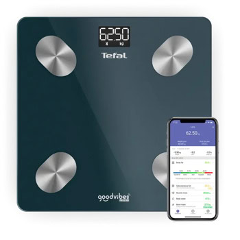 Кантар Tefal Goodvibes Life +, до 180 кг натоварване, дигитален, измерва телесна мазнина/мускулна маса/костна маса/вода в организма/метаболитна възраст, син | JAR Computers Tefal Goodvibes Life+ BM9620S1