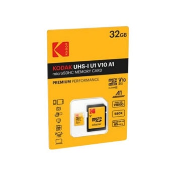 Карта памет 32GB microSDHC с адаптер, Kodak EKMSDM32GHC10K, Class 10 V10, скорост на четене до 90MB/s, скорост на запис до 25MB/s | JAR Computers Kodak EKMSDM32GHC10K
