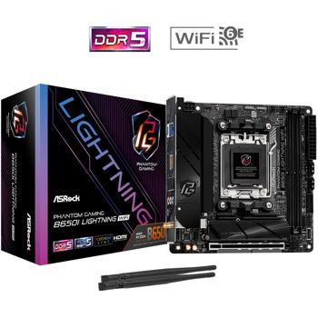 Дънна платка ASRock B650I Lightning WiFi, B650, AM5, DDR5, PCI-E 4.0 (HDMI), 2x SATA 6Gb/s, 1x Hyper M.2, 1x M.2, 1x USB 3.2 Gen 2 Type-C, 3x USB 3.2 Gen 2 Type-A, Wi-Fi 6E, Bluetooth 5.3, Mini-ITX | JAR Computers ASRock B650I Lightning WiFi