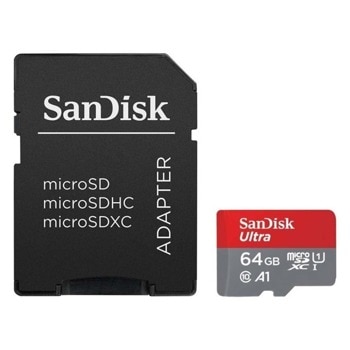 Карта памет 64GB SDXC, с SD адаптер, SanDisk Ultra, Class 10, UHS-I, скорост на четене 120MB/s image