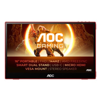 Монитор AOC 16G3, 15.6" (39.62cm) IPS панел, преносим, 144Hz, Full HD, 4ms, 1000:1, 250cd/m2, HDMI, MicroHDMI, USB, USB-C | JAR Computers AOC 16G3